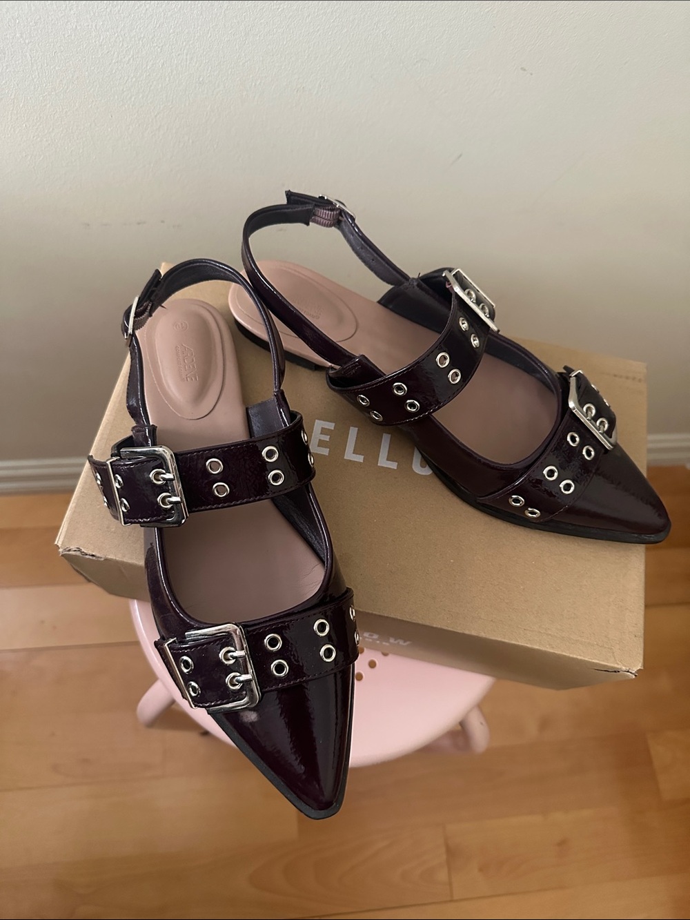 Pointed Slingback Flats with Silver Buckles - Burgundy